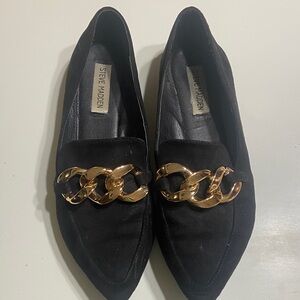 Steve Madden Black Suede Loafers with Gold Chain